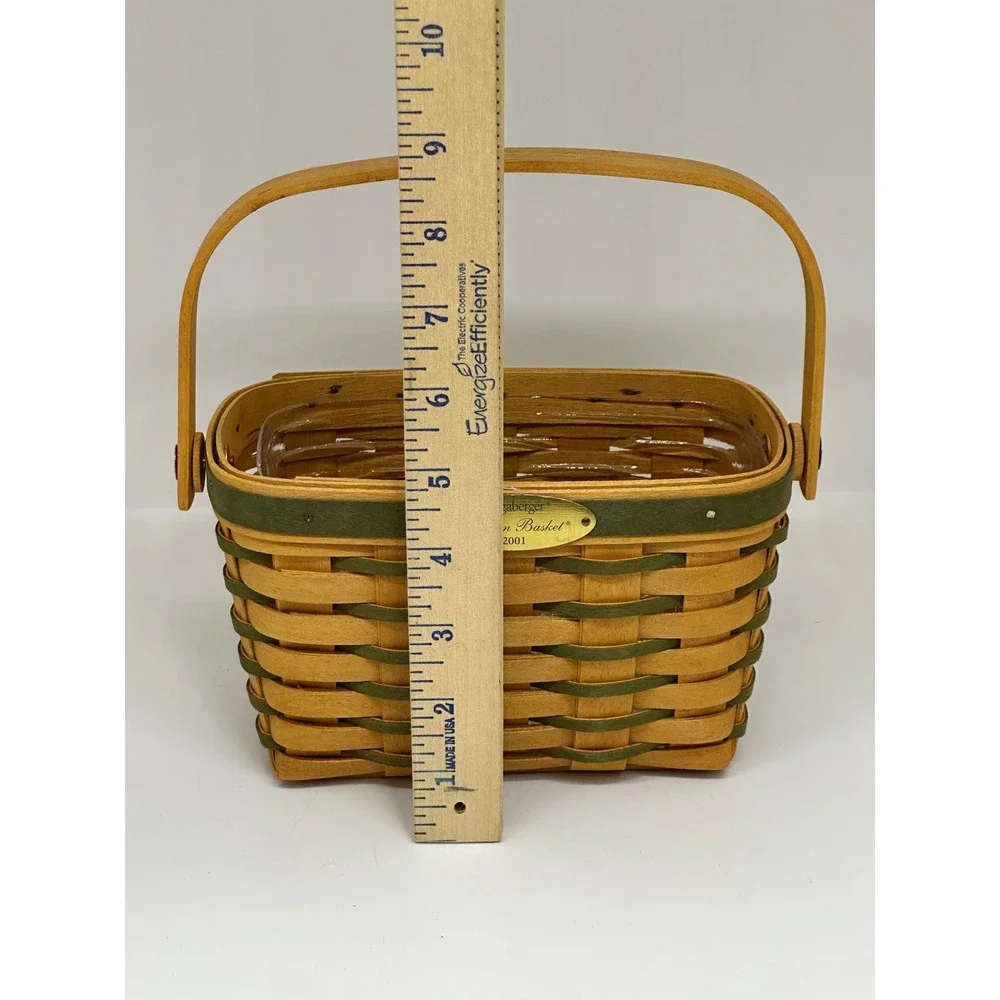 VTG Longaberger Dresden Basket 2001 Woven Wood Green Trim Small Handled Decor